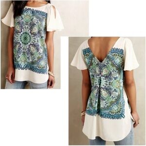 Maeve ANTHROPOLOGIE Boho Ivory Mandala Print Silk Flutter Sleeve Top XS